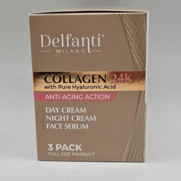 3 Pack DELFANTI ANTI AGING COLLAGEN 24K HA Day Cream + Night Cream + Face Serum - Picture 3 of 5